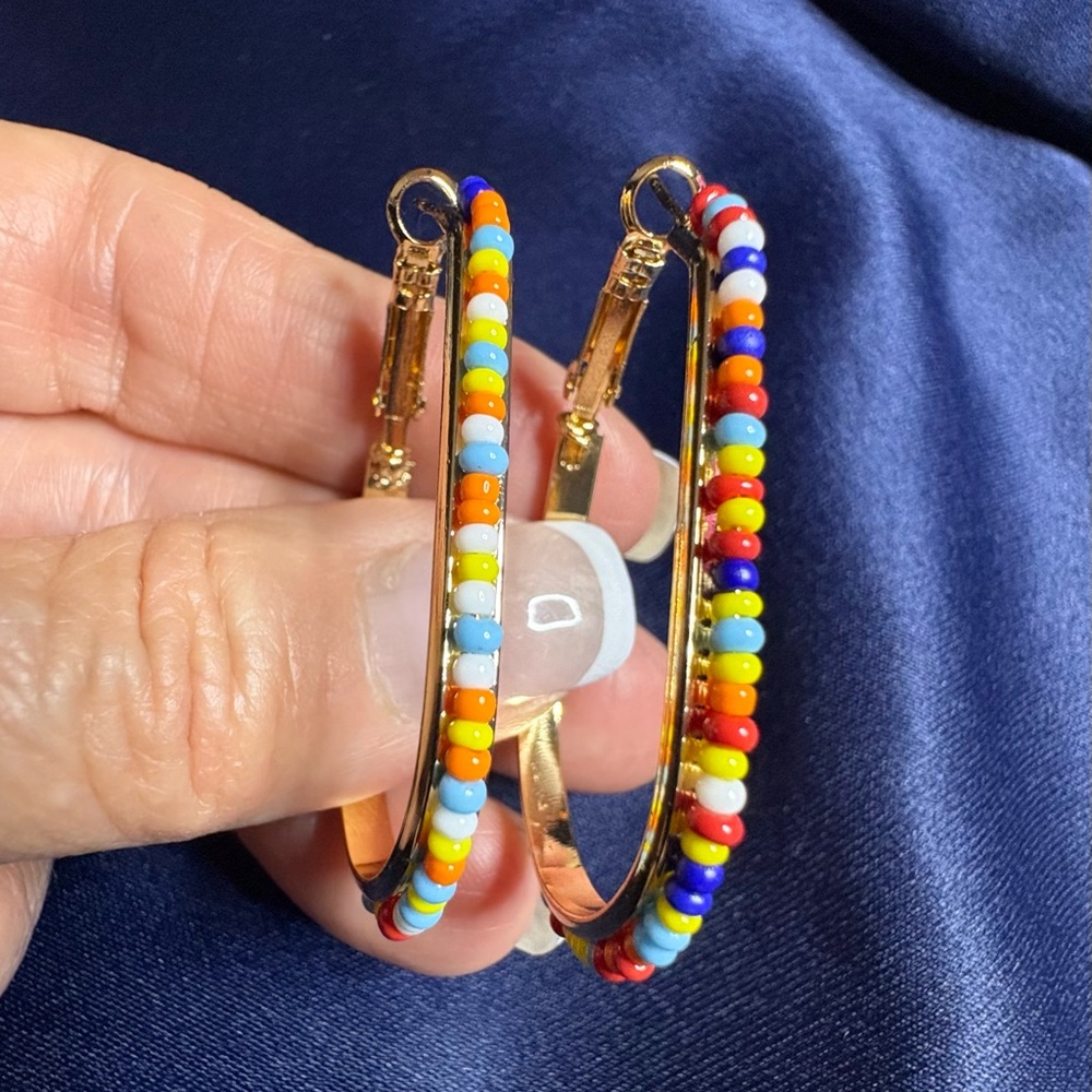 Colorful Beaded Hoop Earrings - Picture 3 of 6
